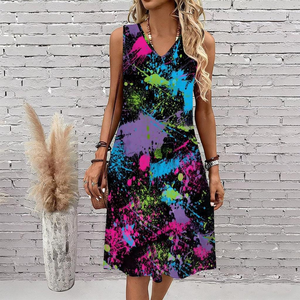 Plus Size V Neck Sleeveless Dress Zen Ink Bamboo Leaf Print For Tea House Leisure Time