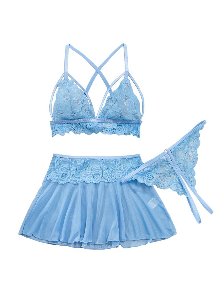 Sexy Mini Skirt with Thong Floral Lace Sheer Bralette Lingerie Set 3 Piece Otufits