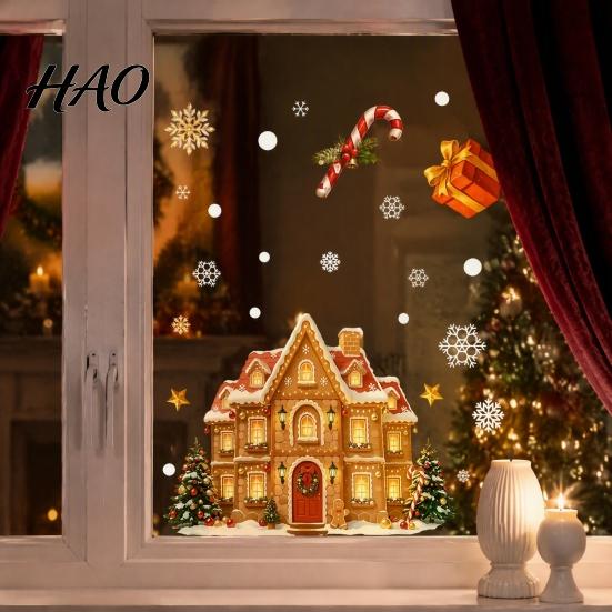 Christmas Party Supplies Window Cling, Santa/Snowman/House/ Tree Patterns Print, Waterproof Glass Clings PVC Decorative Static Sticker for Doors