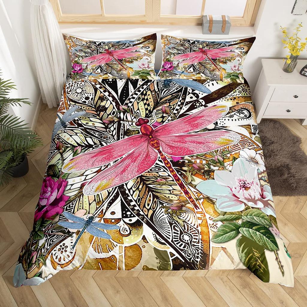 Boho Dragonfly King Queen Duvet Cover Cute Flower Love Heart Bedding Set Watercolor Floral Rustic Style Polyester Quilt Cover