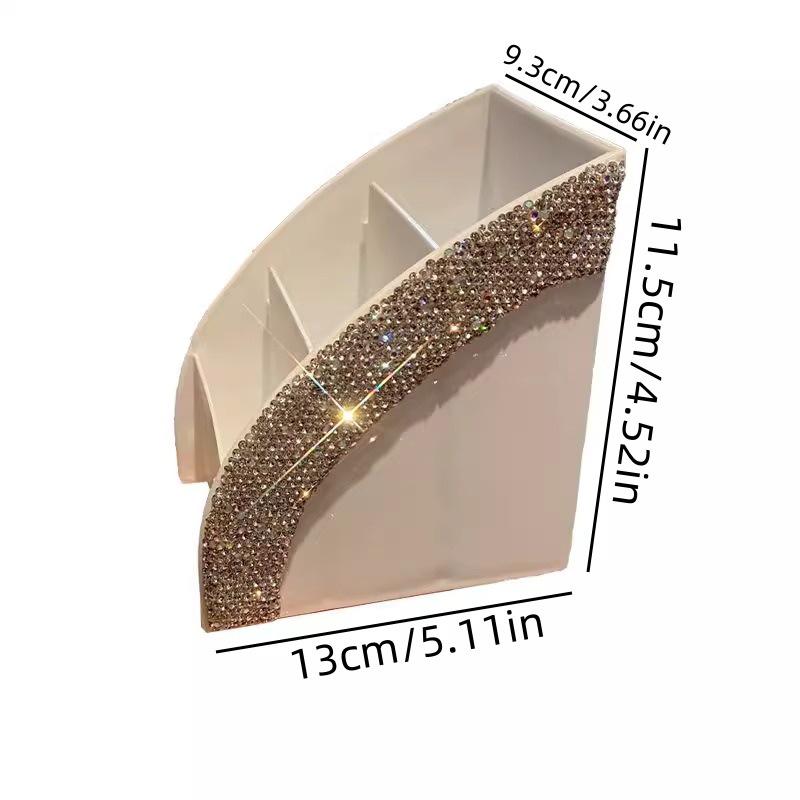 Luxury Makeup Brush & Remote Control Storage Box with Diamond Accents - Elegant Divided Organizer for Desktop or Office Use.