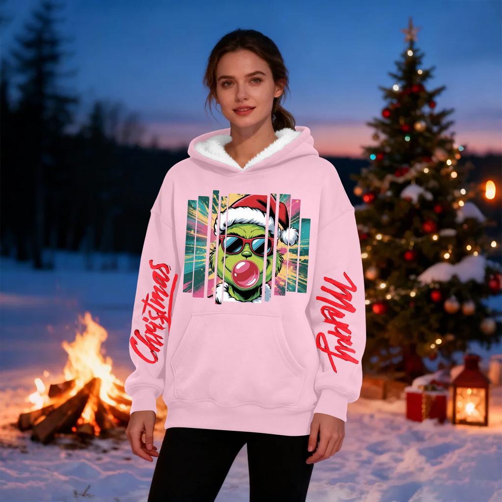 Women's Casual Fashion Plus Velvet Thickened Christmas Print Hooded Sweatshirt