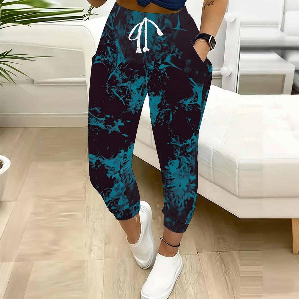 Summer Ladies Mottled Patterns Printed Sweatpants Loose Fit Drawstring Joggers Elastic Cuff Daily Casual Pants