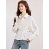 Women's Chic French White Long-Sleeve Shirt, Irregular Waist-Cinching Design, Stylish, Petite Fit, Perfect for Spring/Autumn