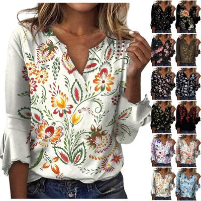 Women's Loose Casual Three-quarter Sleeves V-neck Lace Floral Print T-shirt Top
