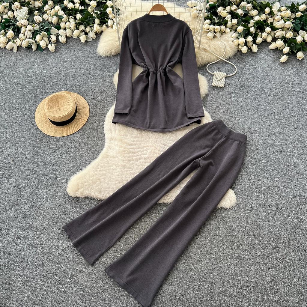 2026 Fall/Winter Lace-Up Casual Stand Collar Knitted Cardigan and High-Waisted Wide-Leg Pants Knitted Two-Piece Set for Women Tracksuit Women
