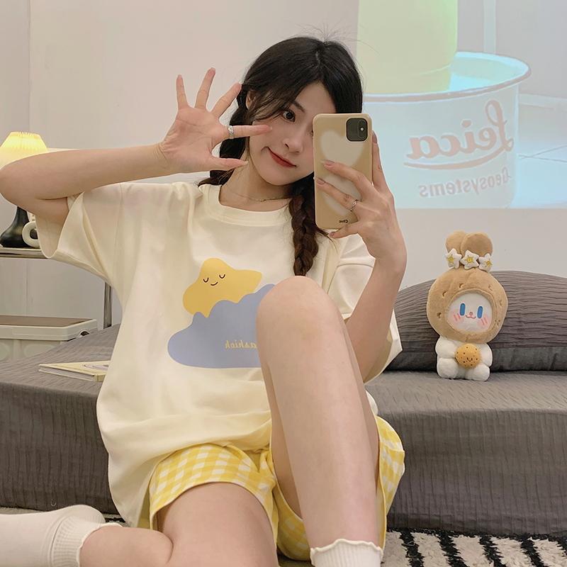 Summer Casual Loose Thin Women's Pajamas Set O-Neck T Shirt & Shorts Sleepwear 2 Pieces Sets Pajama for Girl Youth Homewear