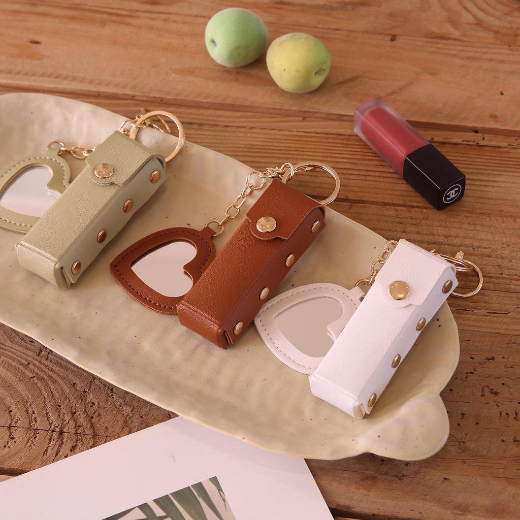Heart-Shaped Mini Lipstick Keychain with Mirror: Portable Leather Holder for Girls