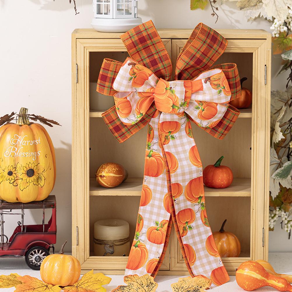 3pcs Large Fall Bows, Pumpkin Plaid Print Bows For Wreaths, 11"x19.7" Thanksgiving Ribbon Bows For Home Indoor Outdoor Decoration Ornament