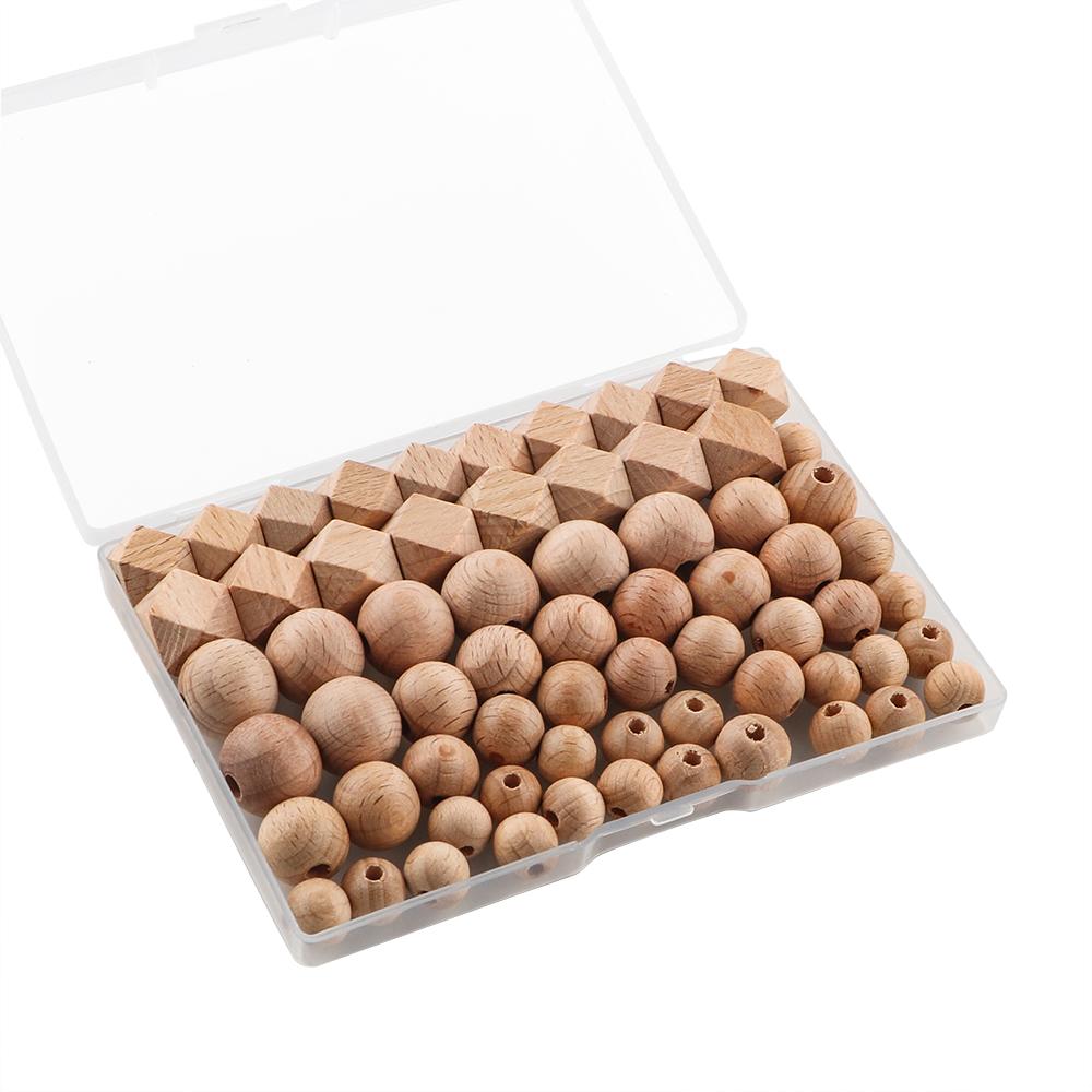 66 Stück/Karton Buchenholzperlen lose rund sechseckig für Schmuckherstellung DIY Halskette Armband Schlüsselanhänger Herstellungszubehör