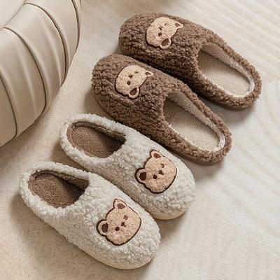 Cozy Cartoon Bear Fuzzy Slippers for Men - Soft Plush Lined Indoor House Shoes, Light Brown&Cream with Adorable Bear Design, Warm Winter/Fall Footwear