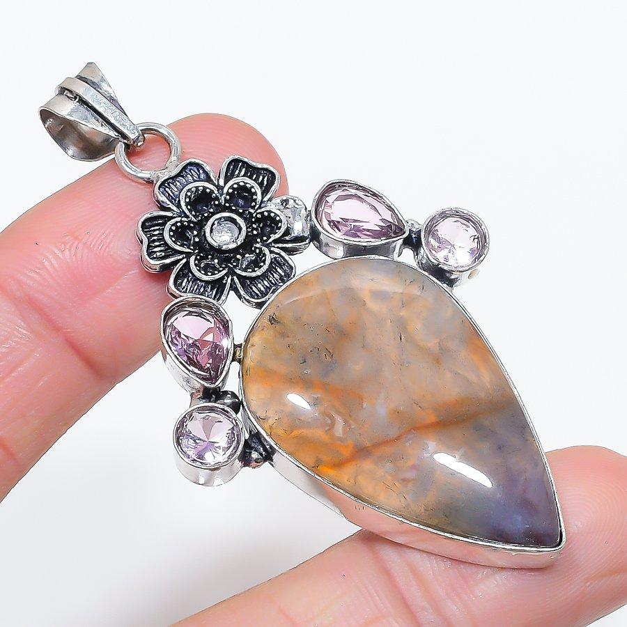 Natural Indian Moss Agate, Kunzite 925 Sterling Silver Pendant 2.68" J5Q03