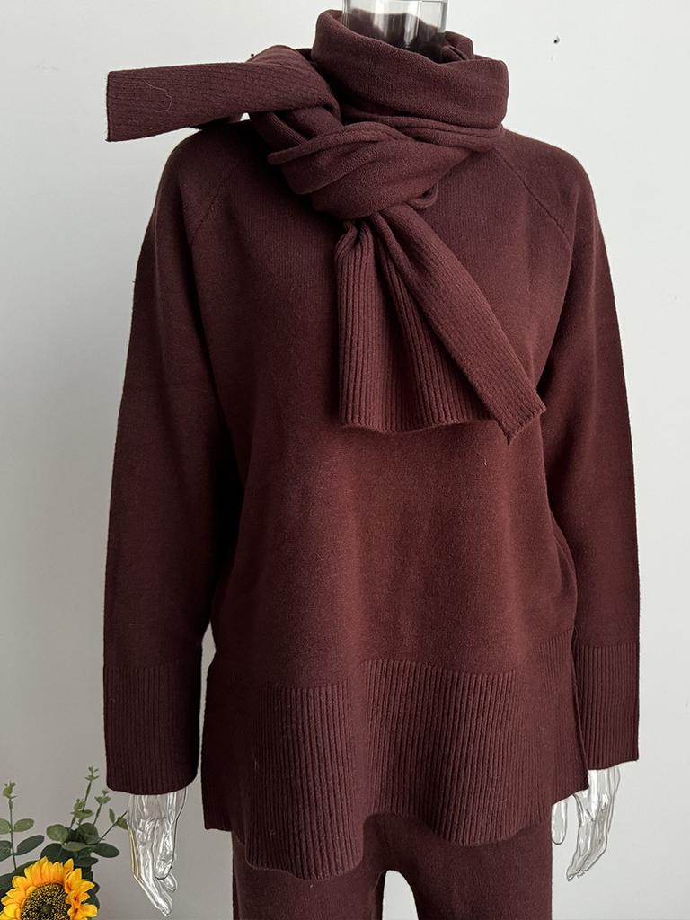Women 3 Piece Knit Sweater Set Oversized Wide Leg Pants with Scarf Casual Fall Winter