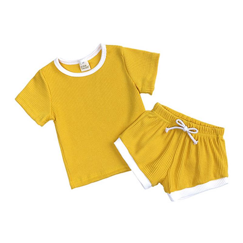 Casual Solid Color Baby Grils Clohting Set Summer Cotton Short Sleeve Tops+ Shorts O-neck Toddler Clothes Sets