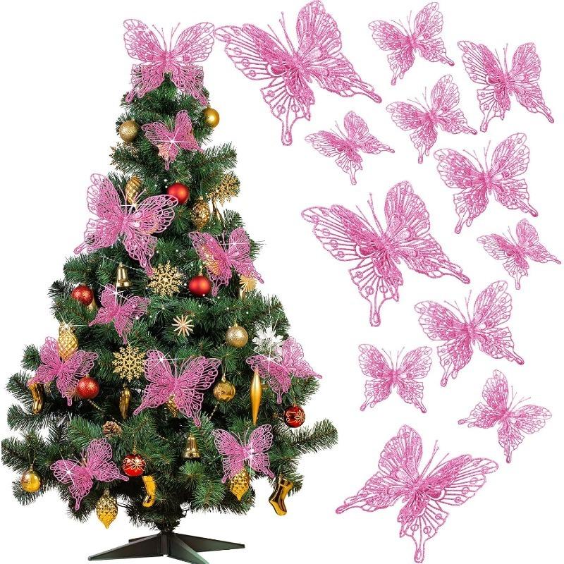 5/10Pcs Glitter Butterflies Christmas Decoration Xmas Tree Sparkling Butterflies Hanging Ornaments Home Decor New Year 2026 Gift