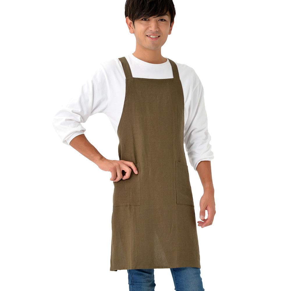 Fabrizm Japanese Kitchen Knee Back Soft Khaki Brown Apron, Length, Cross, Linen,