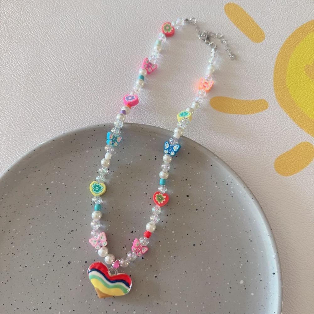 Summer Fashion Dopamine Candy Color Flowers Bow Tie Heart Star Pendant String Beads Necklace for Women Cute Collar Chain Jewelry