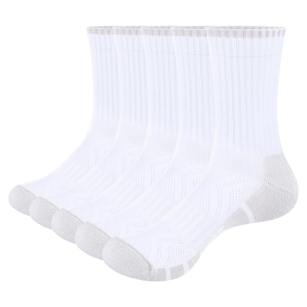 YUEDGE White Athletic Cushioned Cotton Crew Socks for and Casual Set Women's Socks, Sweat-Wicking, Odor-Resistant, Commuting, Work, Wear, 5-Pair