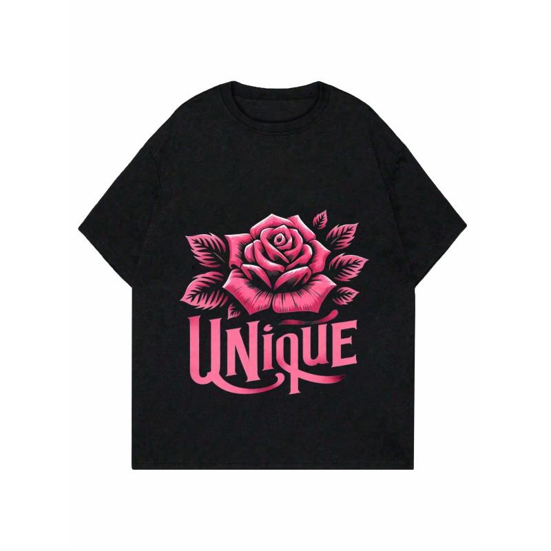 Rosa Ros "UNIQUE" Boktryckt Svart Dam Kortärmad T-shirt