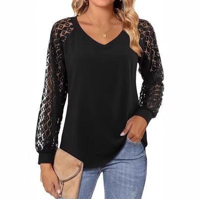 Elegant Lace Pleated Solid Color T-Shirts Women's V Neck Lantern Long Sleeved Tees Spring Summer Daily Casual Tops