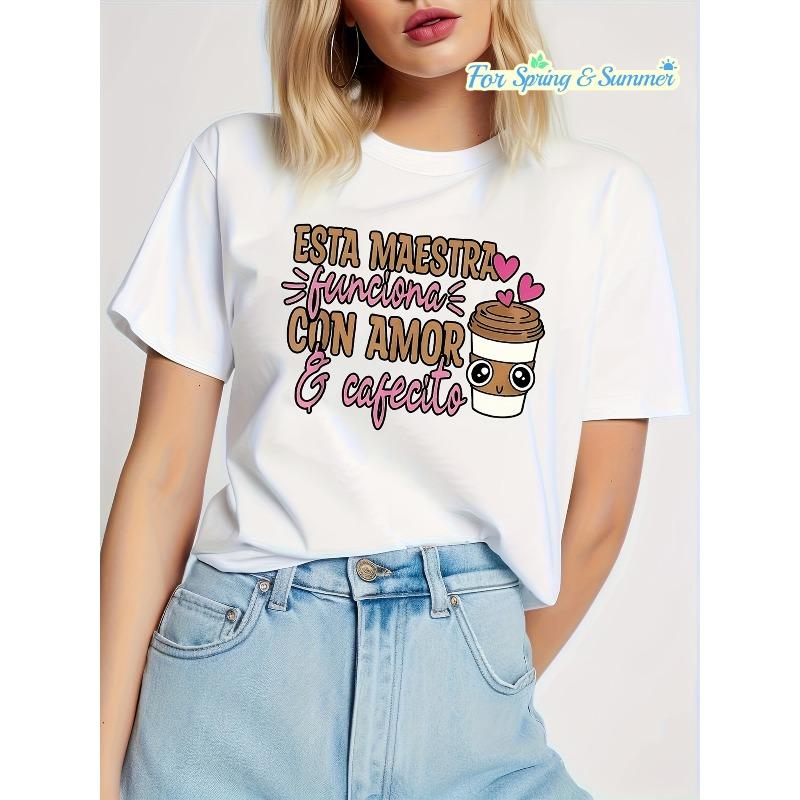 

Women s Spanish Teacher Love Cafecito Print Tee Crew Neck Short Sleeve Spring Summer Casual Top S белый