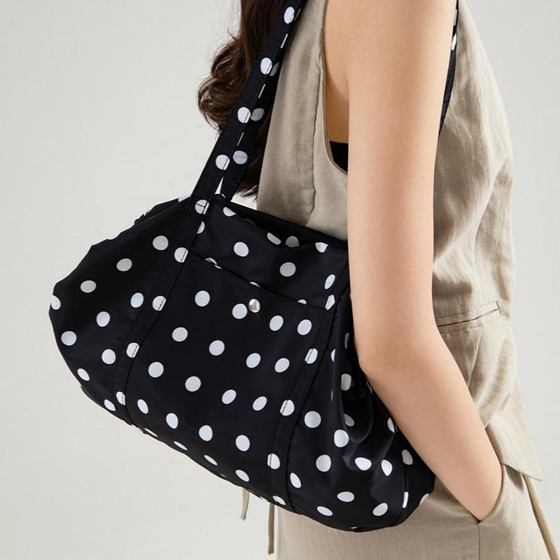 Korean Polka Dot Tote Bag Lightweight Nylon Handbag Women Casual Commute Shoulder Bag Large Capacity Sports Foldable Storage Bag