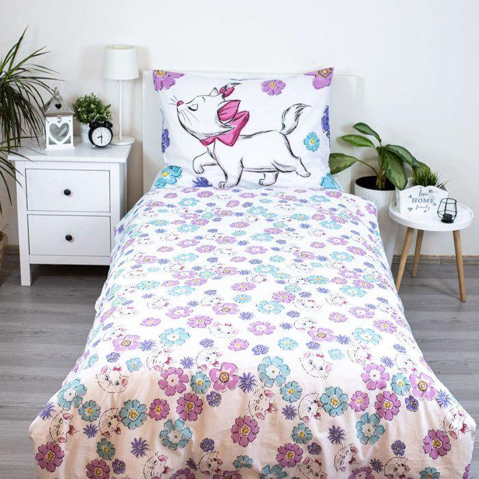 Disney Marie Aristocats children's bed linen with flowers, 140 x 200 cm duvet, 70 x 90 cm pillow, 100% cotton