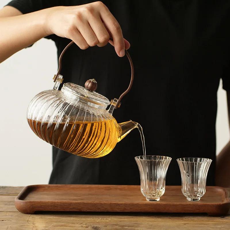 Glass Teapot Wood Handle Teawear Set Cup Filter Chinese Tea Ceremony High Boron Silicon Transparent Pumpkin Pot 900ML