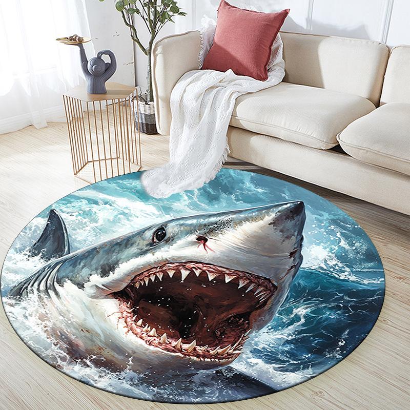 Shark Attack Round Area Rug,Carpet Rug for Living Room Bedroom Sofa Playroom Decor,Non-slip Floor Mat
