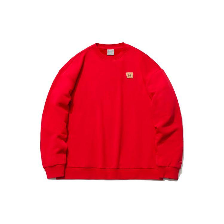 Li Ning CF Su Series Bull Turns The Universe Printed Round Neck Pullover Sweatshirt Couple Style Unisex Sweatshirt Agate-Red AWDR290-3