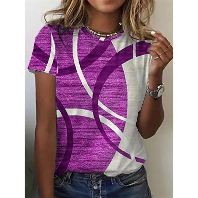 Fashion Women T Shirt Irregular Stripe Print O Neck Short Sleeve Basic Tops Streetwear Summer Oversized Clothing Female T-Shirts