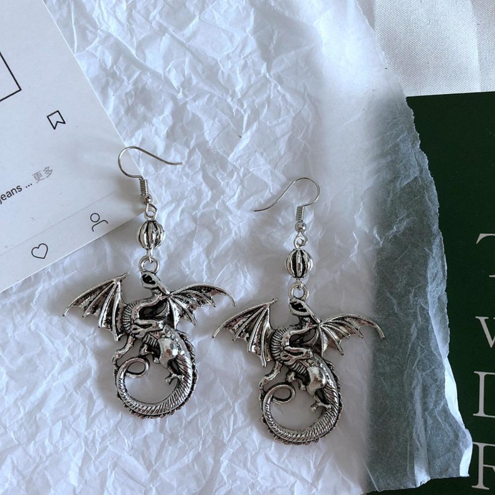 Gothic Punk Silver Color Lifelike Flying Dragon Pendant Dangle Earrings for Women Men Hallowmas Party Personality Jewelry Gifts