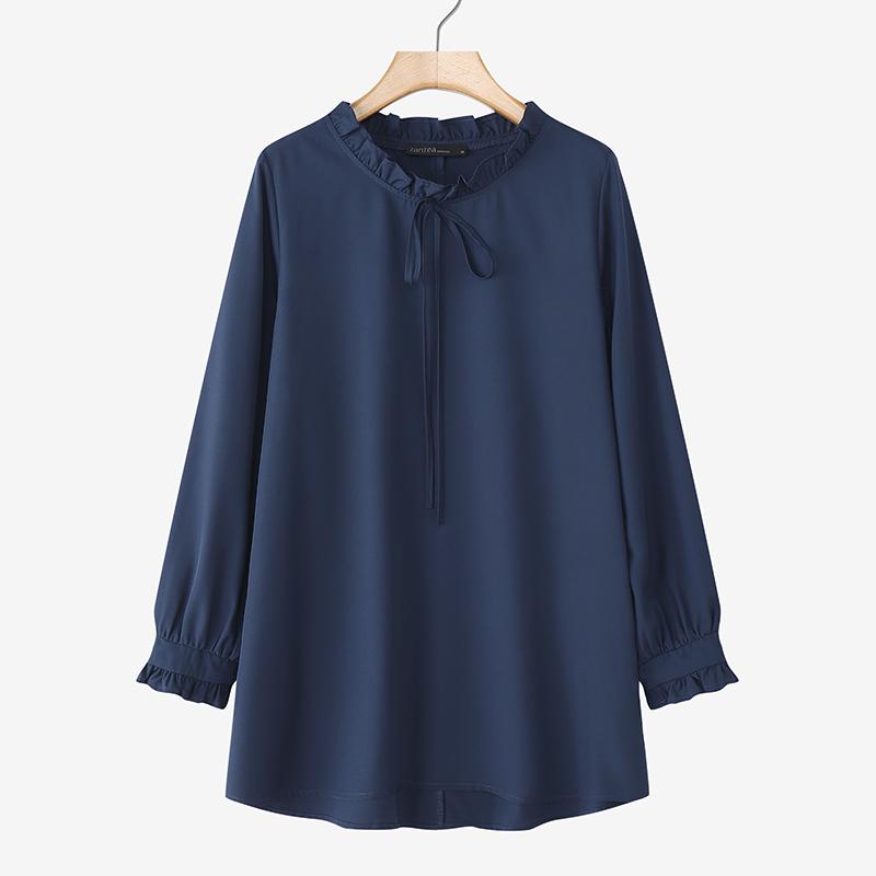 ZANZEA Dame Casual Rund Hals Ensfarget Løs Langermet Bluse