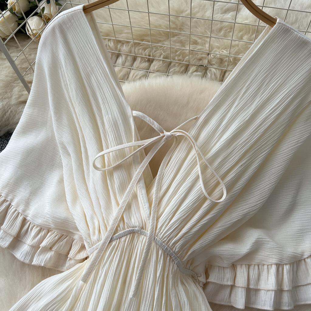 Summer Women Deep V-neck Ruffles Solid Chiffon Oversize Chic Boho Beach Holiday Long Maxi Dresses