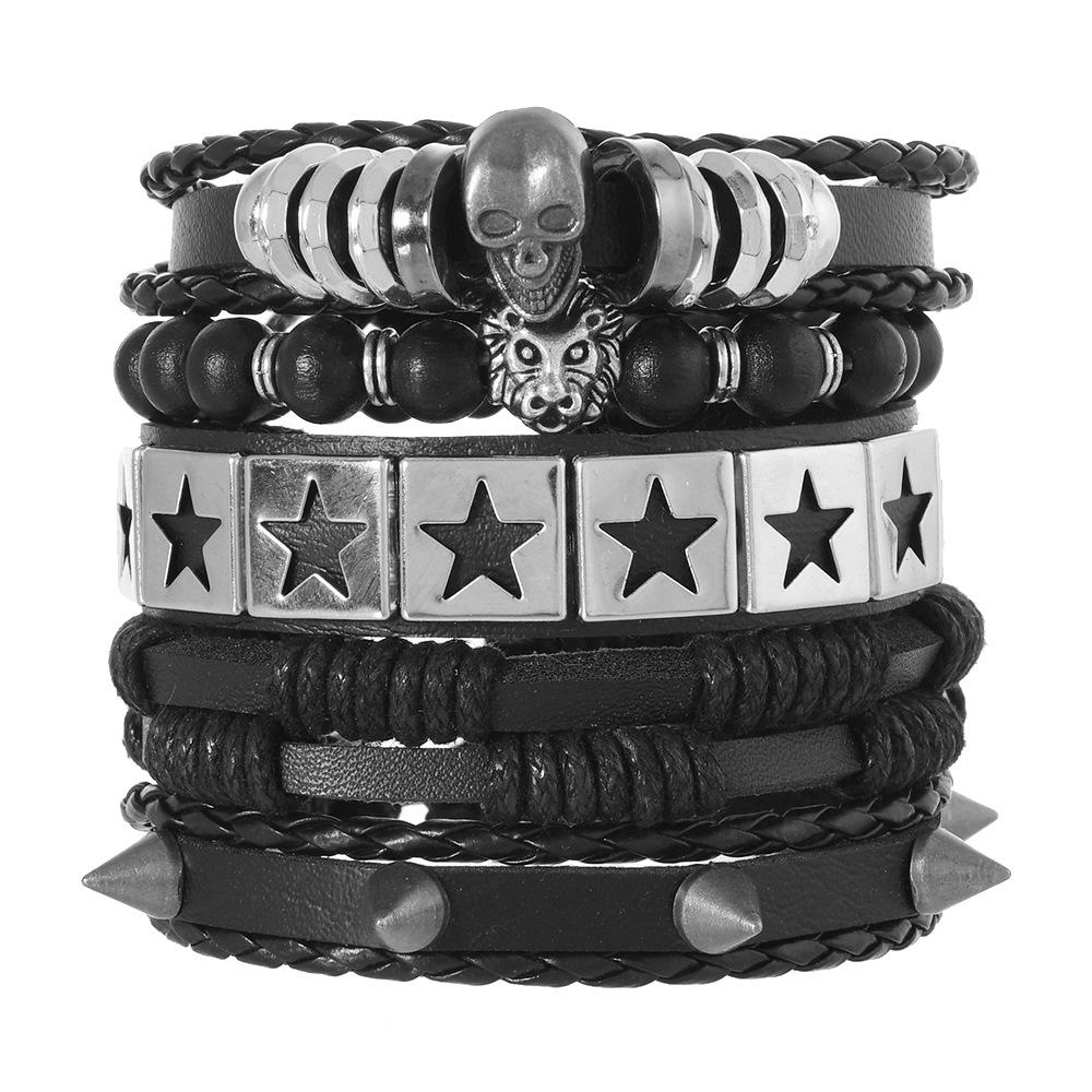 Men's Punk Skull Leather Bracelet Set Multi-Layer Gothic Rock Chain Bracelets Pentagram Charm Hip Hop Streetwear Badge Jewelry Accessories for Him