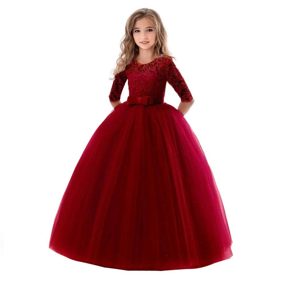 Girls bow puffy skirt flower girl wedding dress children's skirt girldress princess seven-quarter sleeve dress