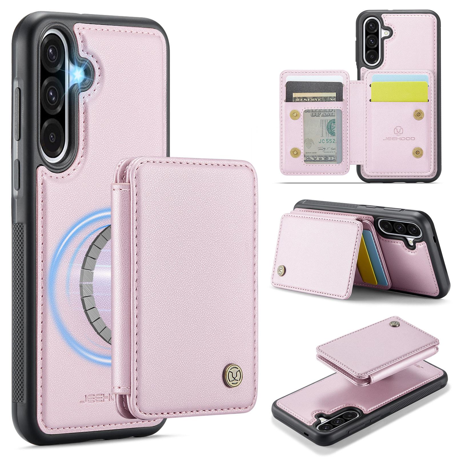 

For Samsung Galaxy A36 5G Case JEEHOOD J05 Leather Mobile Cover with Detachable Magnetic Card Bag Pink