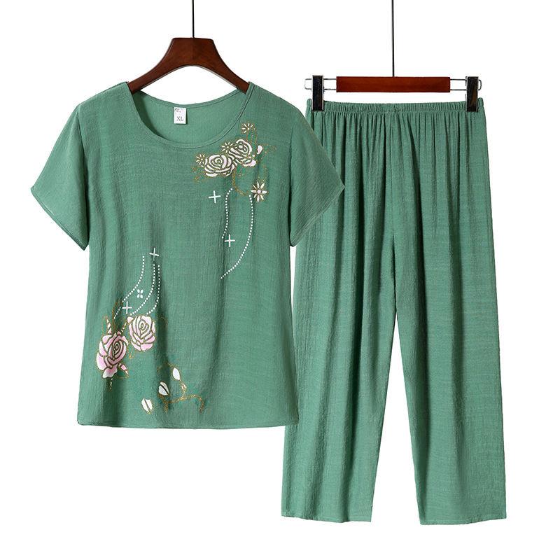 

Женский летний тонкий срез, который можно носить на улице, костюм для людей среднего и пожилого возраста, удобный топ с короткими рукавами + семь брюк, повседневный домашний комплект из двух предметов 4XL темно-зеленого