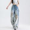 Graffiti Ripped High Waist Denim Wide Leg Pants Stretch Comfortable Street Fashion