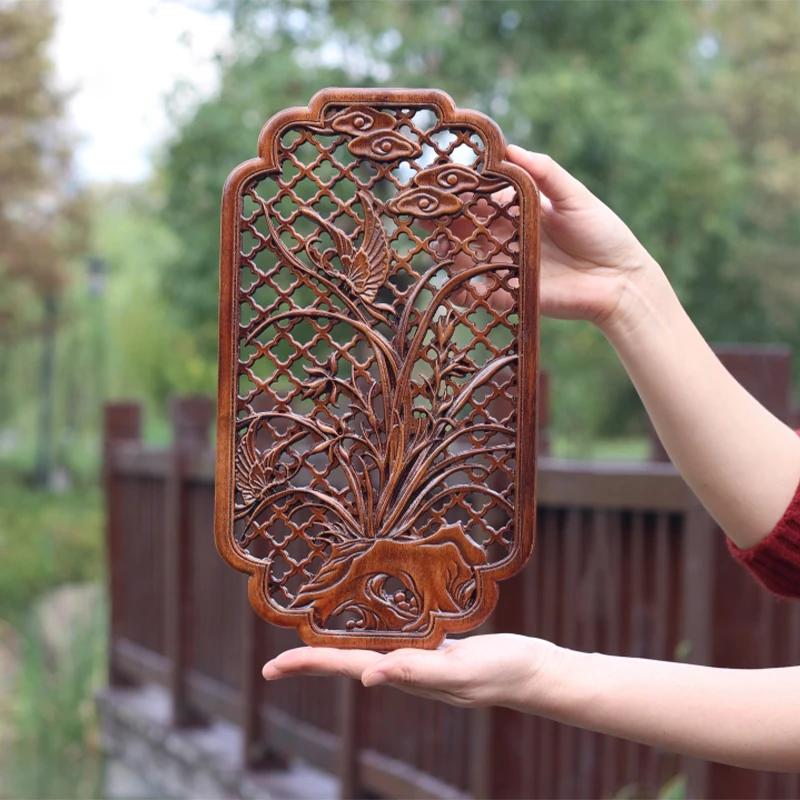 Chinese Traditional Artware Wooden Carving Wall Hanging Piece Background Wall, Solid Wood Hollow Carving Plum, Bamboo Decor