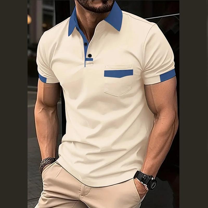 Summer Men's Lapel Button Polo Shirt Loose Casual Trend Pocket Color Block Men's Sports Fitness Polo Shirt