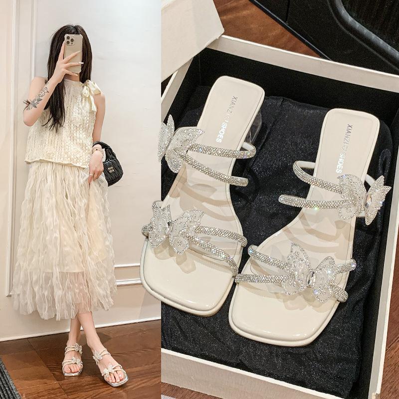 

Butterfly rhinestone thick heel sandals women s summer new fashion square head transparent middle heel two wear cool slippers 35