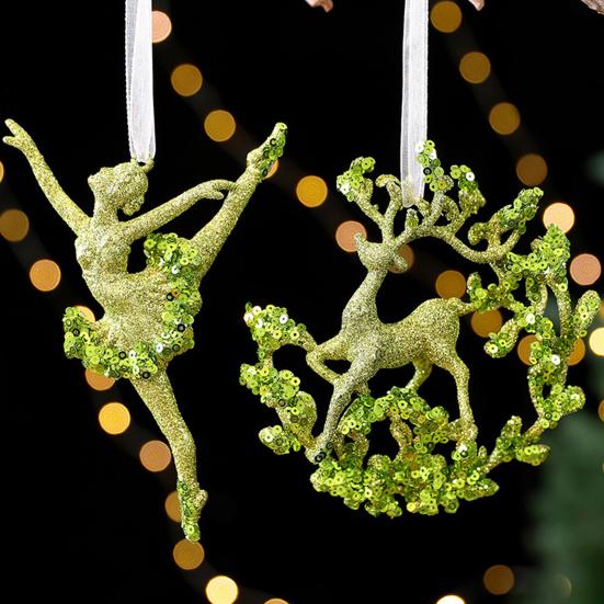 Glitter Christmas Ornaments Green Sequined Butterfly/Star/Reindeer Xmas Tree Hanging Decorations for Xmas Tree Holiday Home Party Decor