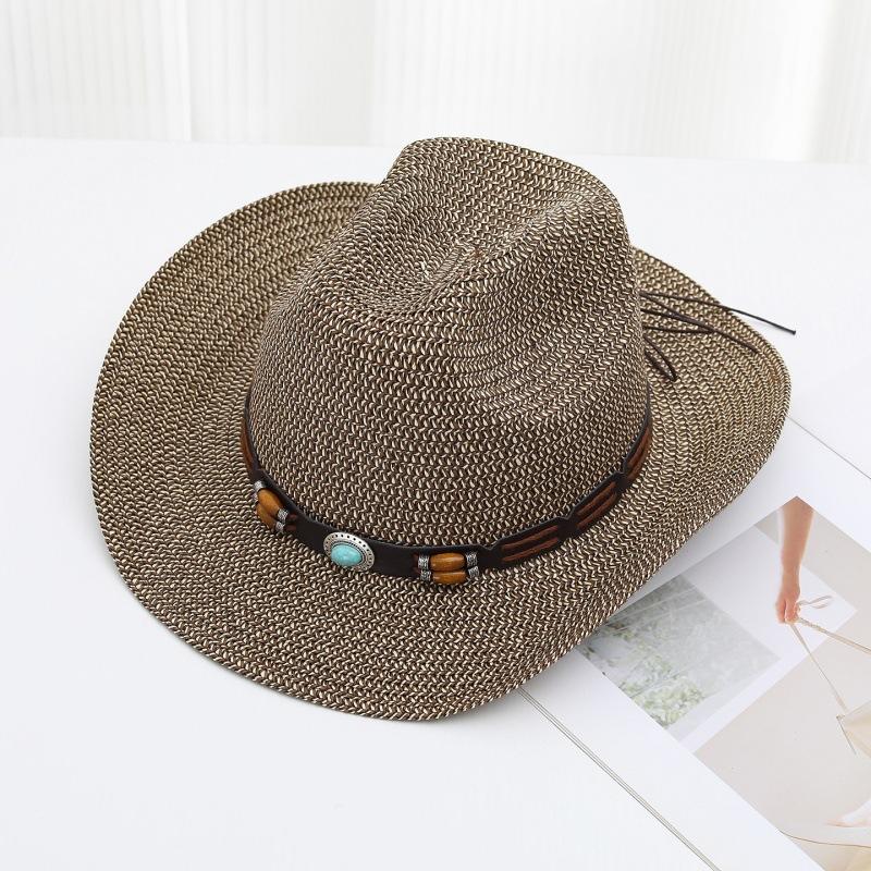 Straw Cowboy Hat with Turquoise Beaded Band Lightweight Breathable Western Sun Hat for Outdoor Beach Rodeo UPF Sun Protection 55-57cm