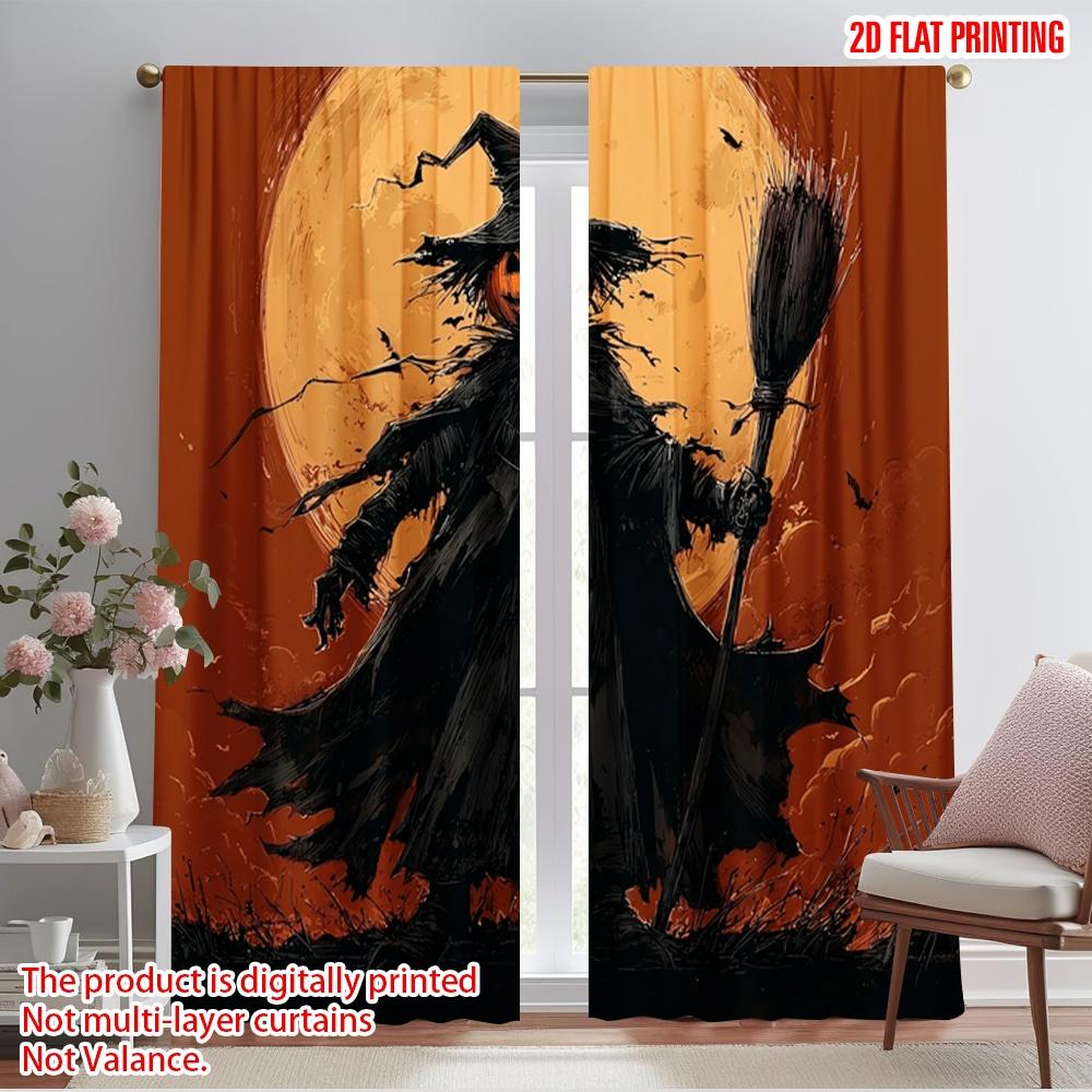 2pcs,2D Plane Printing Pattern Curtains Witches_ Jack-O-Lanterns & Bats Versatile Polyester (without Rod) Art Deco Festive for
