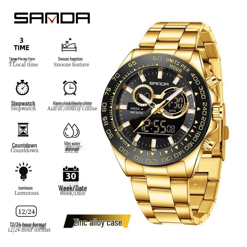 Sanda Men's Waterproof Dual Display Multi-Function Watch with Timer, Snooze, and Night Light.