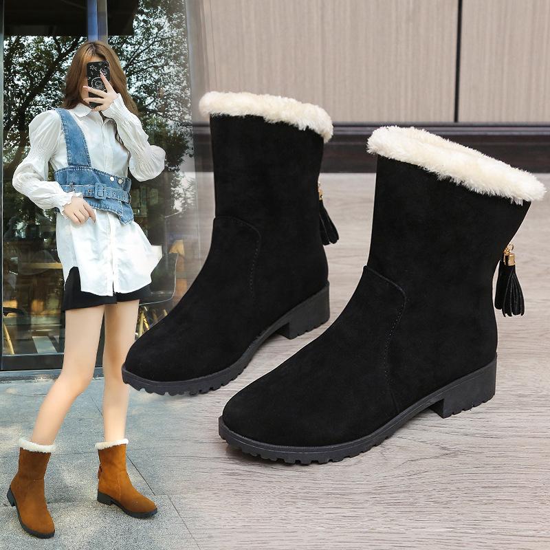 2025wish Foreign Trade Large Size Cotton Boots 2024 Autumn New Round Head Suede Flat Bottom Sleeve Middle Boots