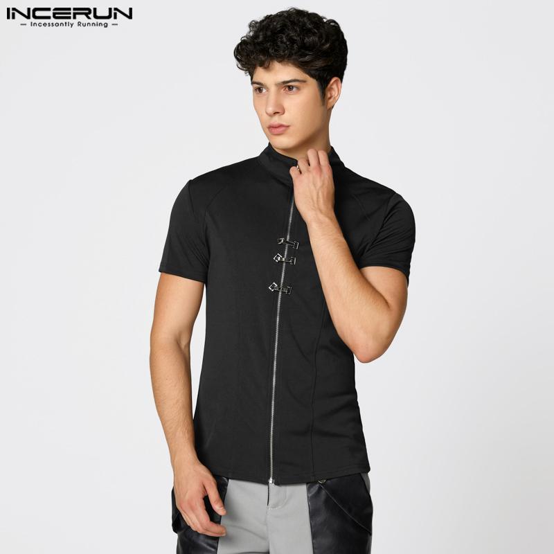 INCERUN Summer Men High Neck Short Sleeve Zip-Up Fitted Tops T-shirts Undershirts