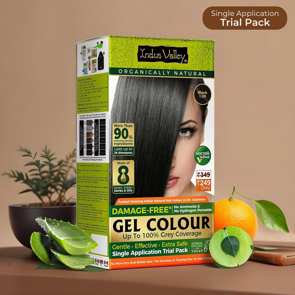 INDUS VALLEY Trial Pack (Black, 65 ml) Natural Gel Hair Colour for Women, Ammonia & PPD Free, 100% Grey Coverage, Long Lasting Hair Color