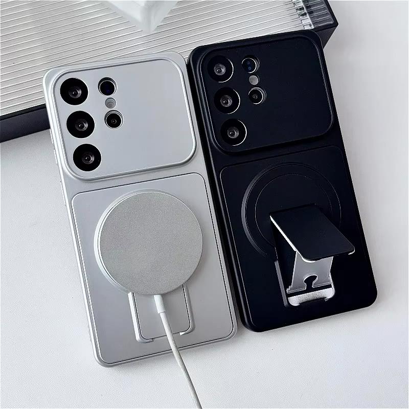 Solid Color Matte Folding Holder Phone Case For Samsung S26 Ultra S25 Plus S24 S23 FE Note 20For Magsafe Wireless Charger Cover